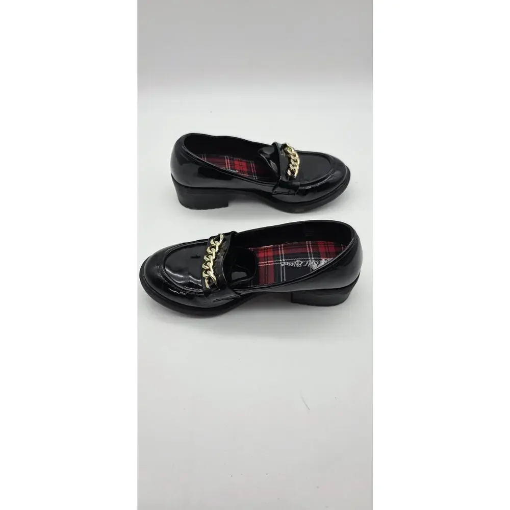 Self Esteem Girls Size 2M Black Patent Loafers Gold Chain Dress Shoes